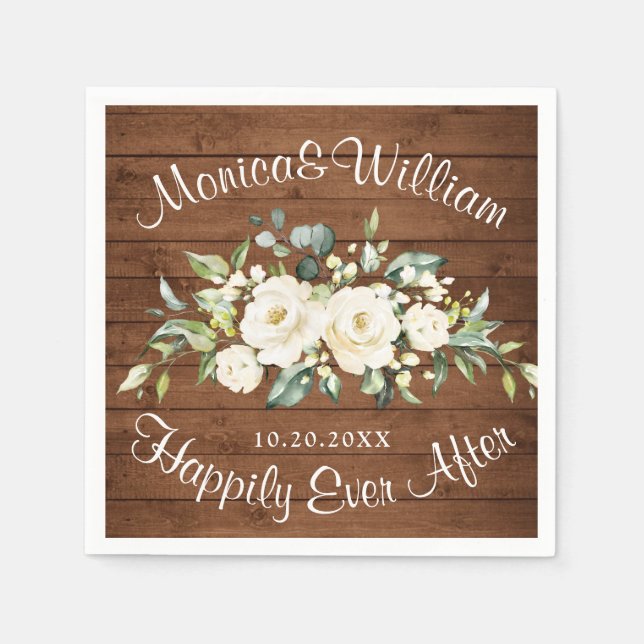Guardanapo De Papel Ivory White Roses Greenery Rustic Wood Casamento (Frente)