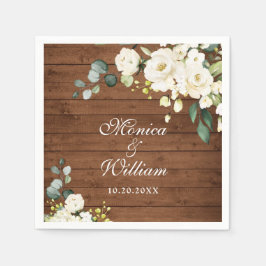 Guardanapo De Papel Ivory White Roses Greenery Rustic Wood Casamento