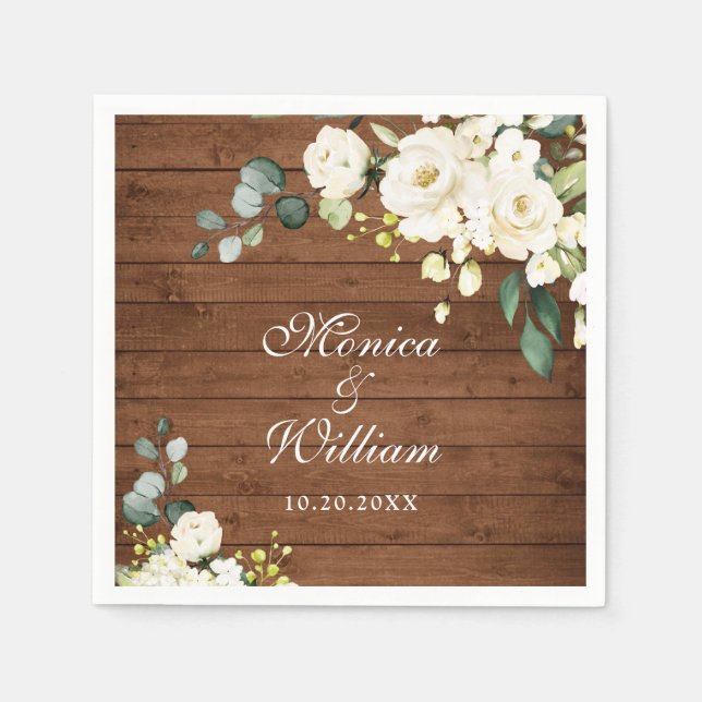 Guardanapo De Papel Ivory White Roses Greenery Rustic Wood Casamento (Frente)