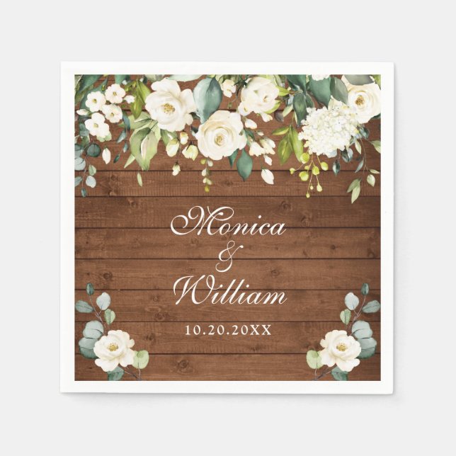 Guardanapo De Papel Ivory White Roses Greenery Rustic Wood Casamento (Frente)