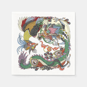Guardanapo De Papel Jade Dragon e Dourada Phoenix brincando com uma p