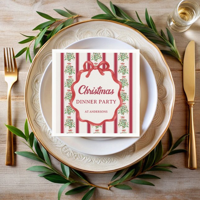 Guardanapo De Papel Janto de Natal monograma de listras vermelhas (Christmas dinner party red retro stripes monogrammed printed napkins personalized Christmas decor)
