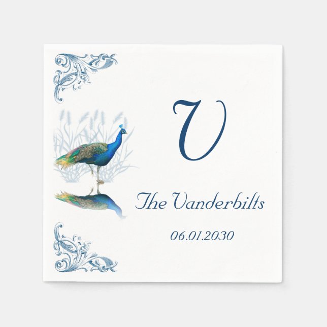 Guardanapo De Papel Jardim Pavão em Casamento Azul e Branco (Frente)