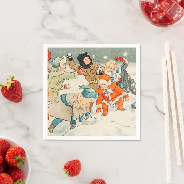 Guardanapo De Papel Jenny Nystrom, Crianças brincando de neve, Natal (Insitu)