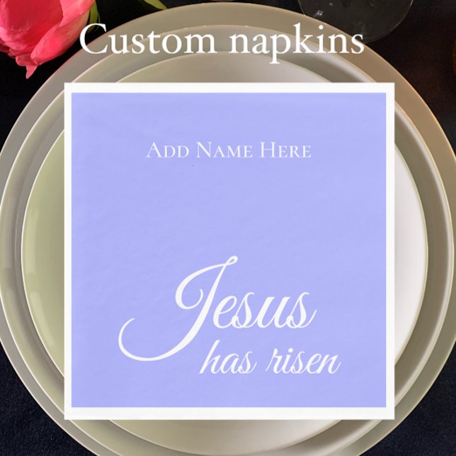 Guardanapo De Papel Jesus Aumentou a Páscoa Cristã Roxa Personalizada (Add your custom text to personalize these purple blue bell Jesus has risen Easter napkins.)