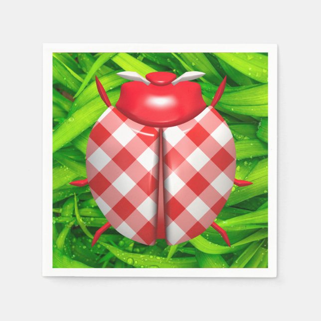 Guardanapo De Papel Joaninha em grama verde xadrez gingão vermelho fof (Frente)