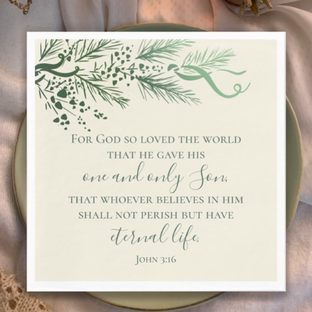 Guardanapo De Papel John 3:16 Sábado Moderno Personalizado Natal Verde (Modern elegant hand drawn pine Christmas dinner napkin with custom John 3:16 Bible verse in Sage.

)