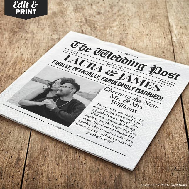 Guardanapo De Papel Jornal de Casamento Personalizado Napkins | Guia d (Custom Wedding Newspaper Napkins | Fun Wedding Tab)