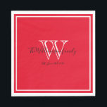 Guardanapo De Papel Jornal Gift Monograma Name Script Red Paper<br><div class="desc">Newlyweds Dão Nome Monograma Script Papel Vermelho Napkins. Tamanho padrão do almoço disponível apenas. Design de monograma branco personalizado com a noiva e o sobrenome do noivo mais recentes e data estabelecida impressa em letras negras sobre um fundo vermelho rico. Um presente único para recém-casados. Adorável pela sua nova vida...</div>