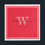 Guardanapo De Papel Jornal Gift Monograma Name Script Red Paper<br><div class="desc">Newlyweds Dão Nome Monograma Script Papel Vermelho Napkins. Tamanho padrão do almoço disponível apenas. Design de monograma branco personalizado com a noiva e o sobrenome do noivo mais recentes e data estabelecida impressa em letras negras sobre um fundo vermelho rico. Um presente único para recém-casados. Adorável pela sua nova vida...</div>