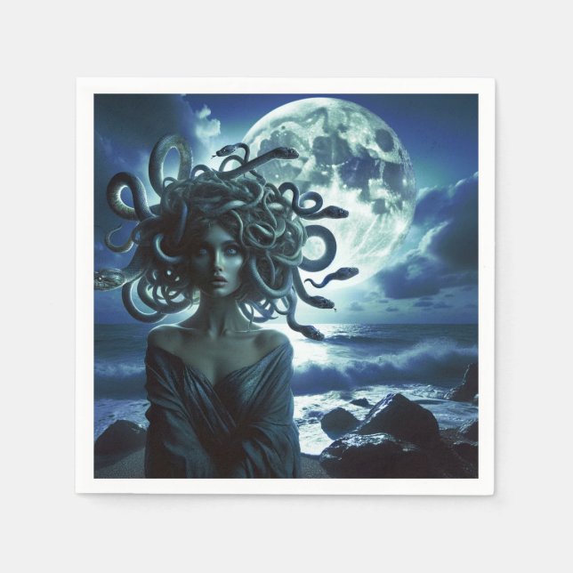 Guardanapo De Papel Jovem Medusa Bonita pela Lua e Oceano (Frente)