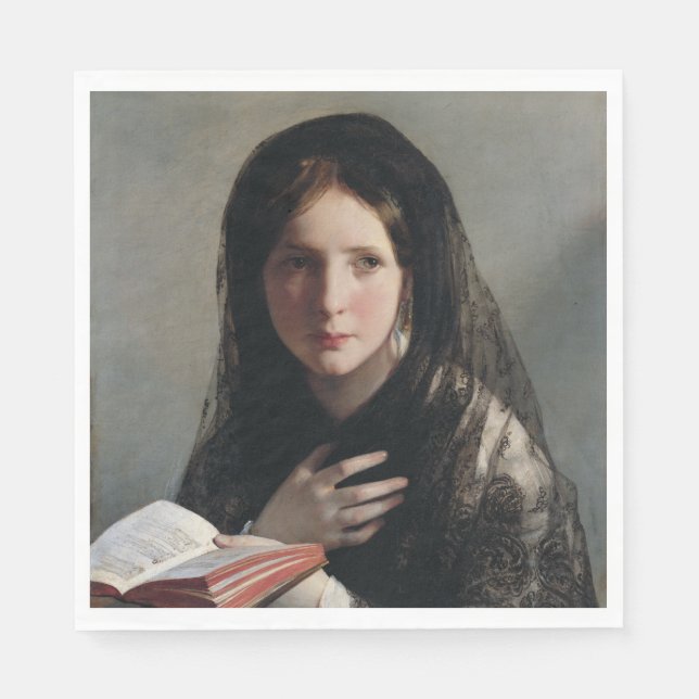 Guardanapo De Papel Jovem Mulher Perdida nos Sonhos (Lendo um Livro) (Frente)