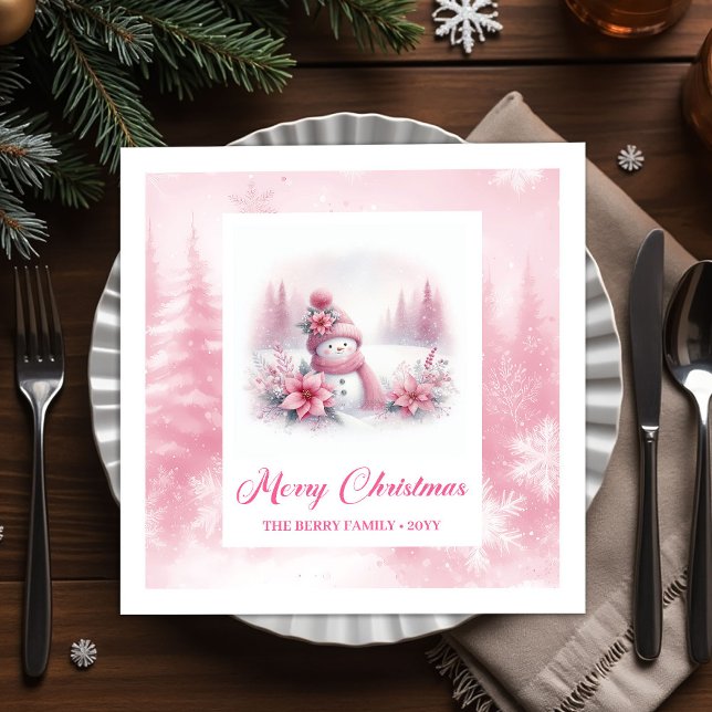 Guardanapo De Papel Joyful Pink Snowman Kids Christmas Scene Winter  (Joyful Pink Snowman Kids Christmas Scene Winter Forest Napkins

)