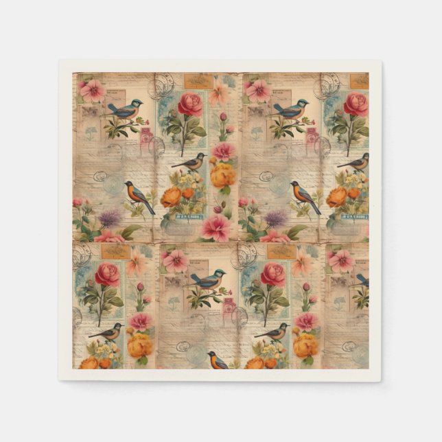 Guardanapo De Papel Junk Journal Seite mit Blumen + Vögel -  (Frente)