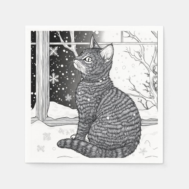 Guardanapo De Papel Kätzchen am Fenster Schneeflocken Sternenhimmel (Frente)