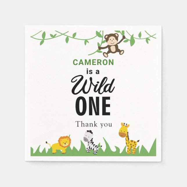 Guardanapo De Papel Kawaii Selvagem Um Aniversário Selva Safari (Frente)
