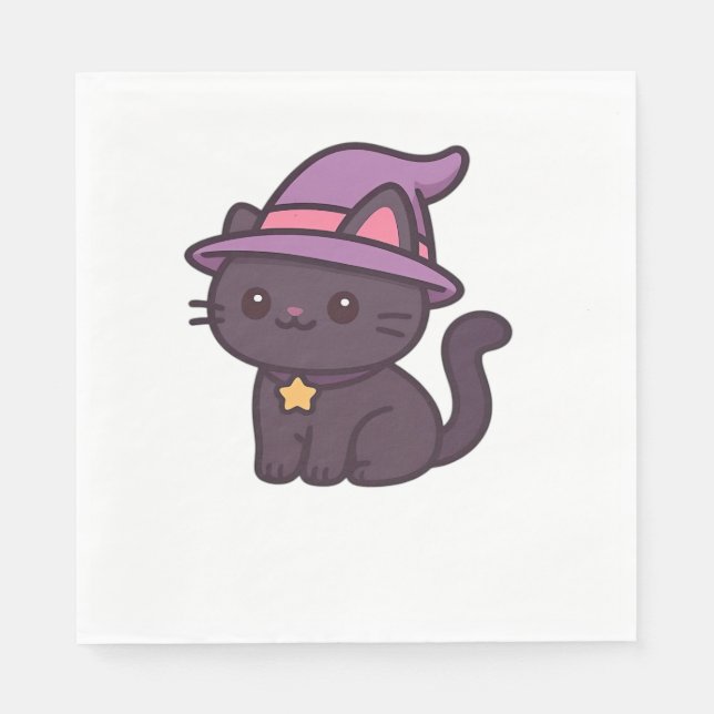 Guardanapo De Papel Kawaii Witch Cat em T-Shirt Clássico com Chapéu Ro (Frente)
