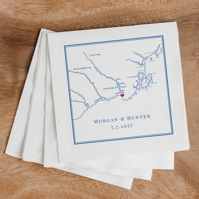 Guardanapo De Papel Kennebunkport Maine Map Marinho Elegante Casamento (Kennebunkport Maine Map napkins custom made for a wedding at Nonantum Resort.)