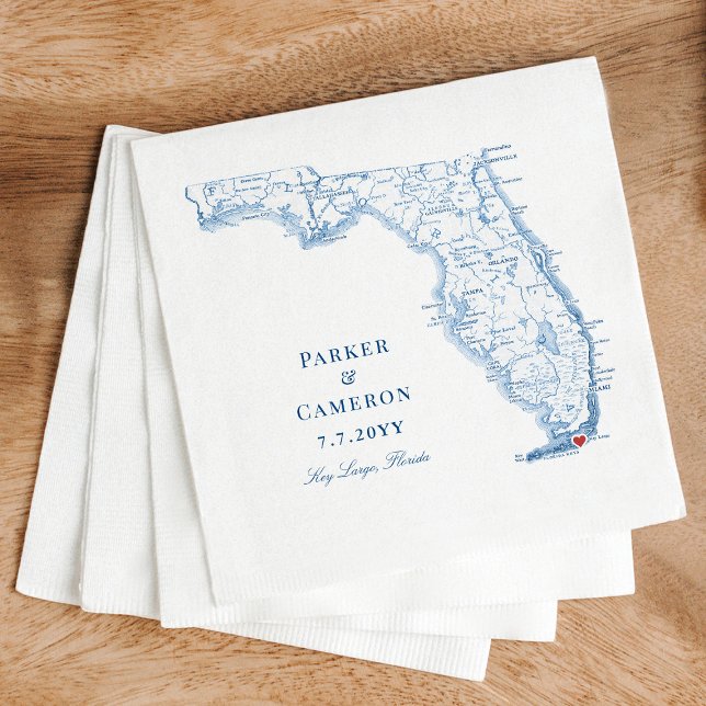 Guardanapo De Papel Key Largo Florida Map Elegant Wedding (These Key Largo Florida map wedding napkins add a touch of navy blue elegance to your reception)