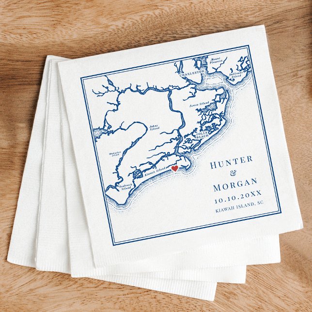 Guardanapo De Papel Kiawah Island SC Map Elegante Marinho Casamento Az (Kiawah Island SC Map Napkins for an Elegant Navy Blue Destination Wedding from Coastal Map Designs)