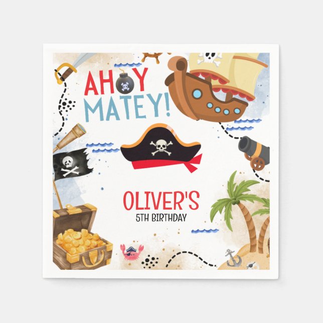 Guardanapo De Papel Kids Pirate Party | Ahoy Matey Pirate Birthday  (Frente)