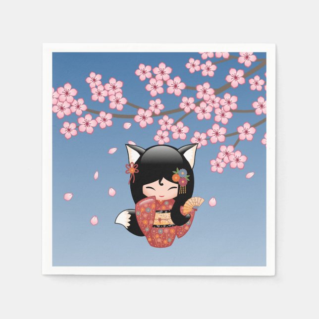Guardanapo De Papel Kitsune Kokeshi Doll - Rapariga Negra Fox Geisha (Frente)