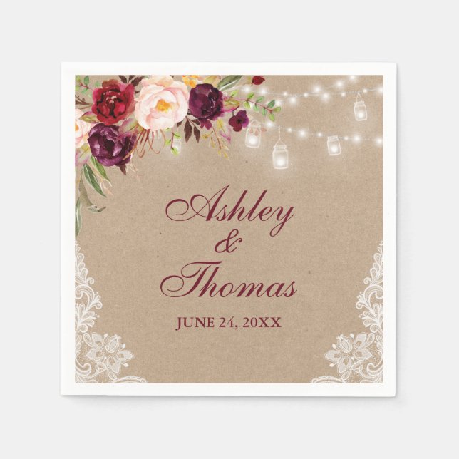 Guardanapo De Papel Kraft Rustic Weding Jar Lights Floral (Frente)