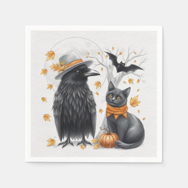 Guardanapo De Papel Krähe und Katze Halloween Herbst Crow  (Frente)