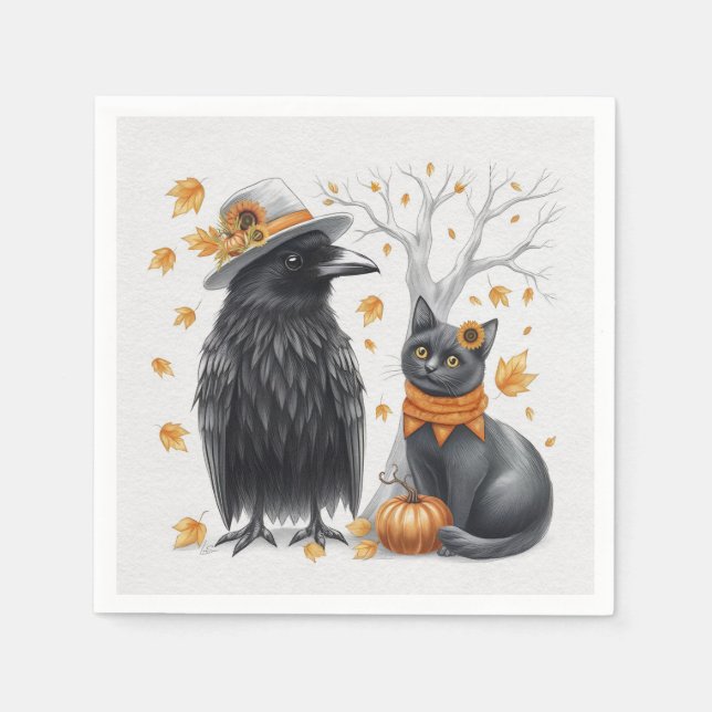 Guardanapo De Papel Krähe und Katze Herbst Thanksgiving Crow  (Frente)