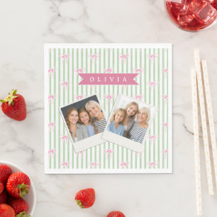 Guardanapo De Papel Laço Rosa Personalizado com Listra Verde Coquette