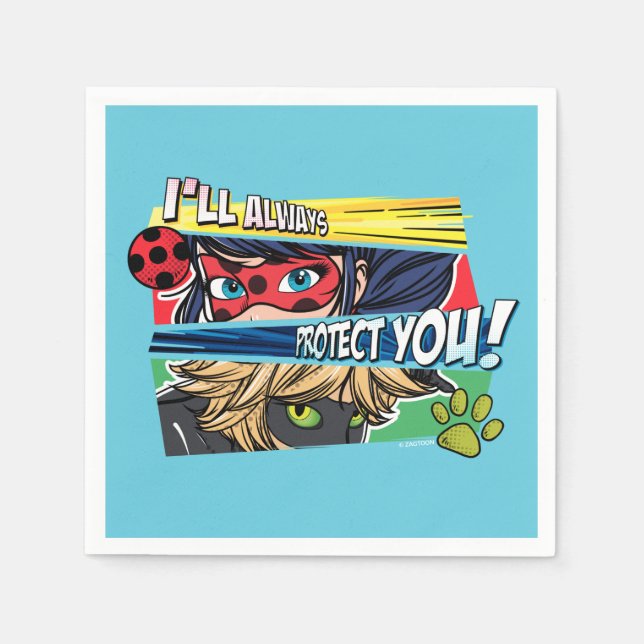 Guardanapo De Papel Ladybug Miraculoso e Cat Noir sempre protegem você (Frente)