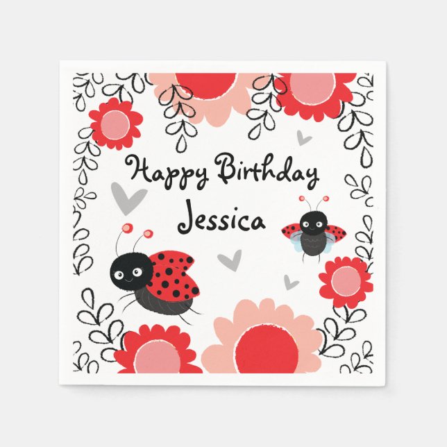 Guardanapo De Papel Ladybug Pink e Red Floral Bithday Party (Frente)