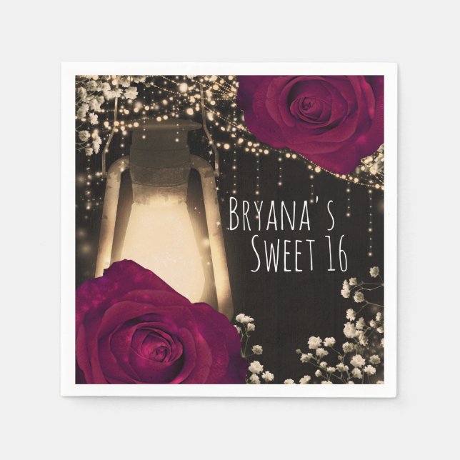 Guardanapo De Papel Lâmpada Brilho Rústico Magenta Rosas de Natal Casa (Frente)