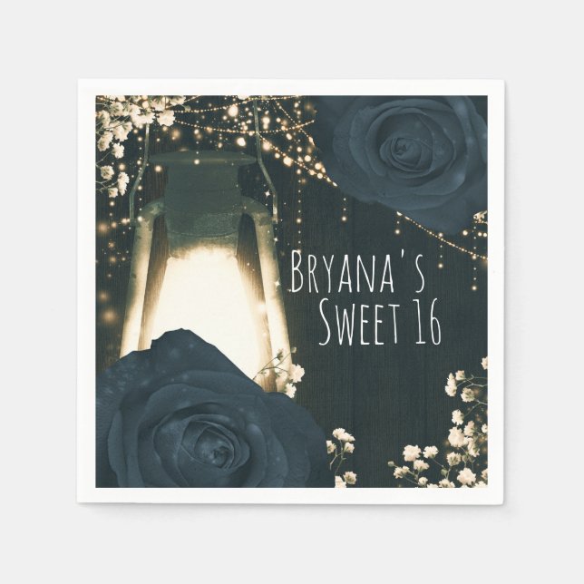 Guardanapo De Papel Lâmpada de Lanterna Rustic Glow Azul Escuro Rosas  (Frente)