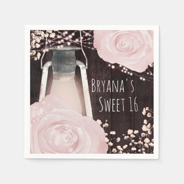 Guardanapo De Papel Lâmpada Rustic Glow Bebê Rosa Bege Rosas Doce 16 (Frente)