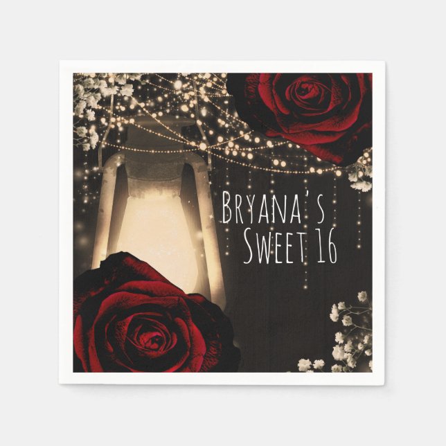 Guardanapo De Papel Lanterna Rústica Rosas vermelhas Escuras Sweet 16  (Frente)