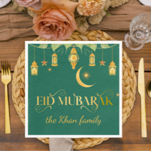 Guardanapo De Papel Lanternas Verdes Ouro Personalizadas Eid Mubarak +