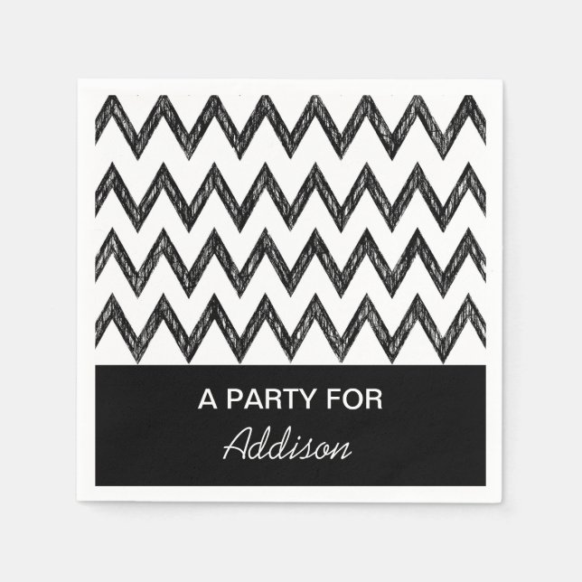 Guardanapo De Papel Lápis da Moda Preto e Branco Chevron Com Nome (Frente)