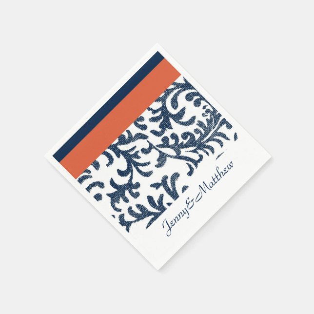 Guardanapo De Papel Laranja e Marinho Azul - Damasco Floral (Canto)