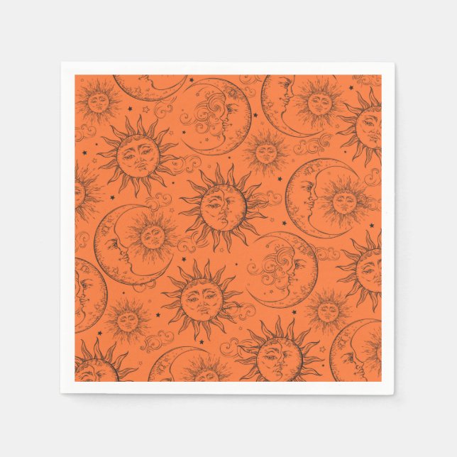 Guardanapo De Papel Laranja Magia Antigo Celestial Sol Lua Estrelas (Frente)