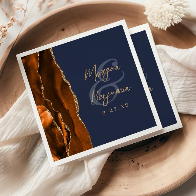 Guardanapo De Papel Laranja Queimada Ágata Dourado Script Azul Marinho (Criador carregado)