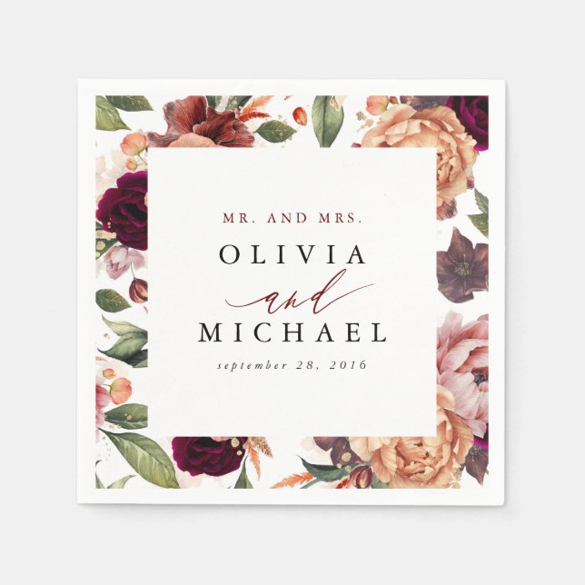 Guardanapo De Papel Laranja Queimada e Floral Rústico Vermelho Borgonh (Frente)