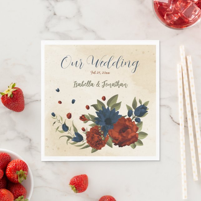 Guardanapo De Papel laranja queimada e marinho azul floral (Insitu)