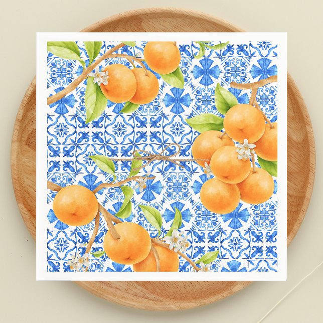 Guardanapo De Papel Laranjas de Citros e Azulejos Azulejo Azulejo Azul (Citrus Oranges Little Cutie Azulejo Tiles )