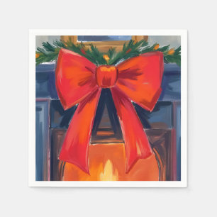 Guardanapo De Papel Lareira de Natal   Aquarela Alegre com Laço Vermel