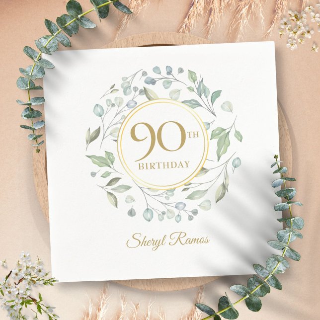 Guardanapo De Papel Laurel Garland Dourada 90 Birthday (Laurel Garland Gold 90th Birthday Napkins)