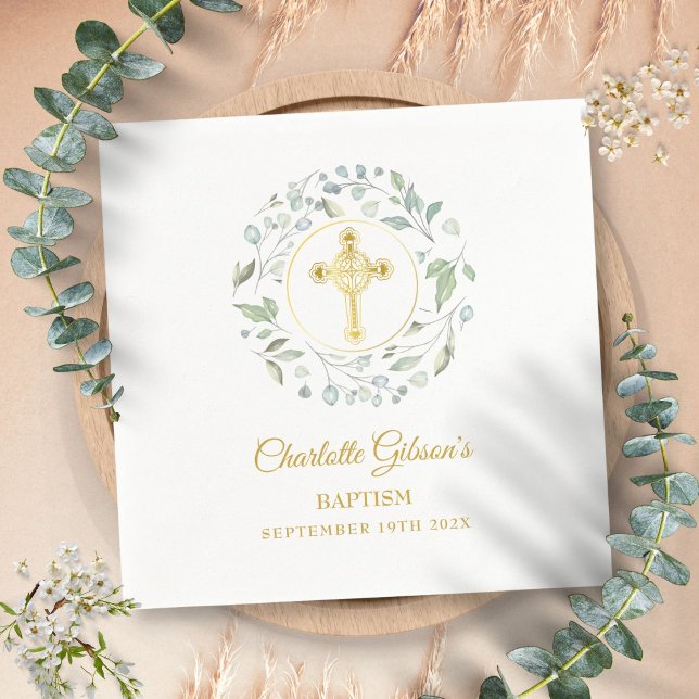 Guardanapo De Papel Laurel Garland Dourado Cross Baptism Christening (Laurel Garland Gold Cross Baptism Christening Napkins)