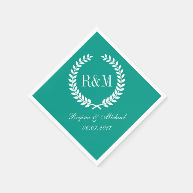 Guardanapo De Papel Laurel Wreath Monogramas Casamento Napkin Teal Blu (Canto)