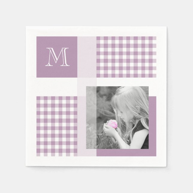 Guardanapo De Papel Lavanda Adicionar Sua Foto Gingham Modern Monogram (Frente)
