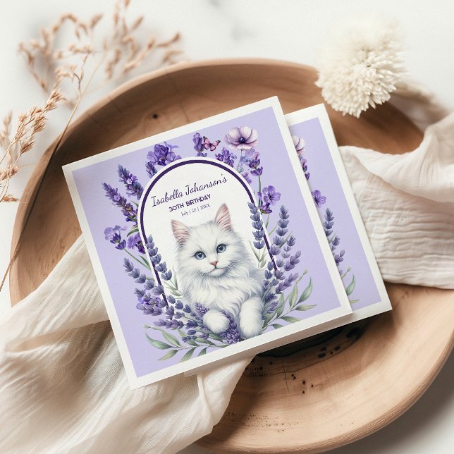 Guardanapo De Papel Lavanda Elegante e Aniversário de Gato (Criador carregado)